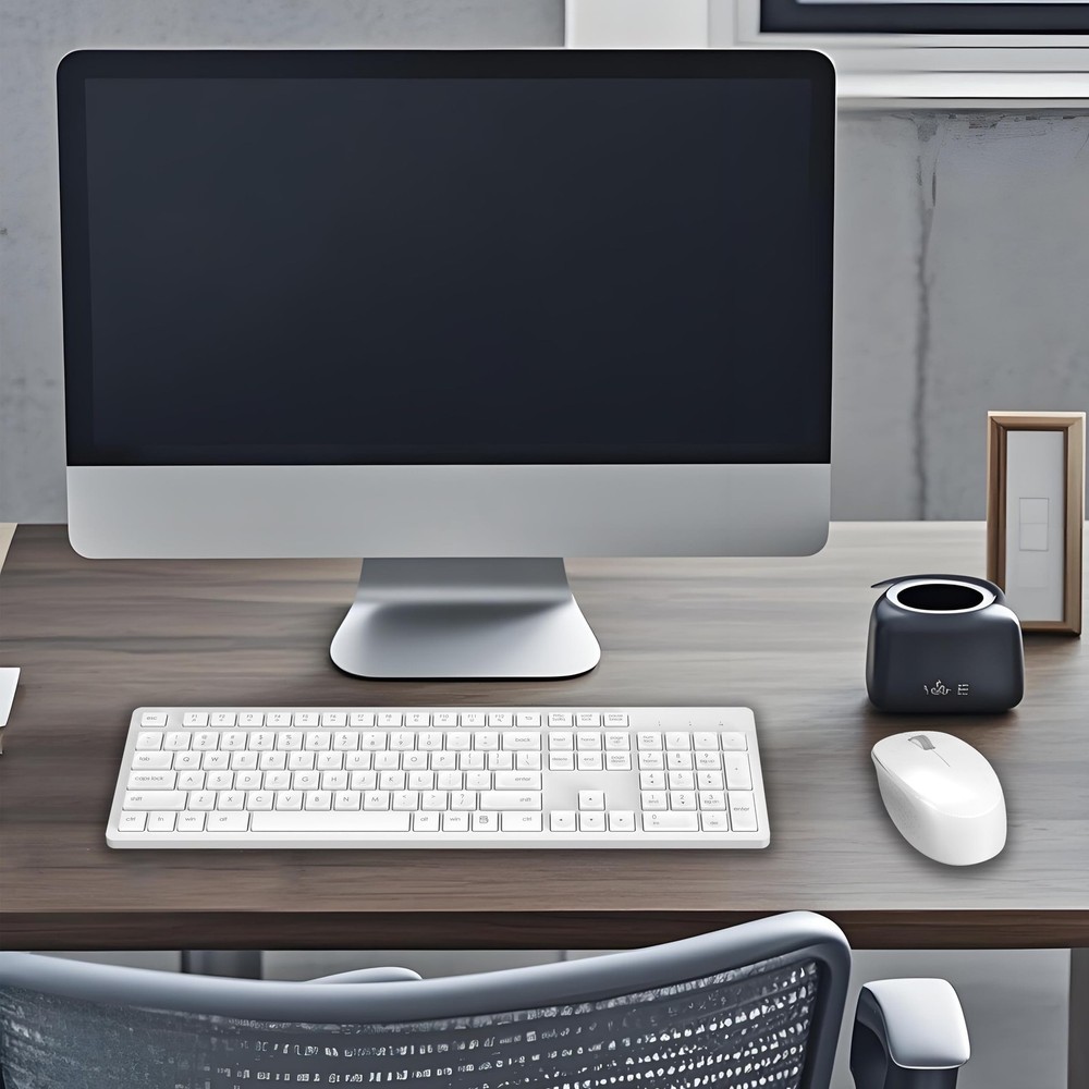 White Wireless Keyboard and Mouse Combo Full-Sized Ergonomic Computer Keyboar...