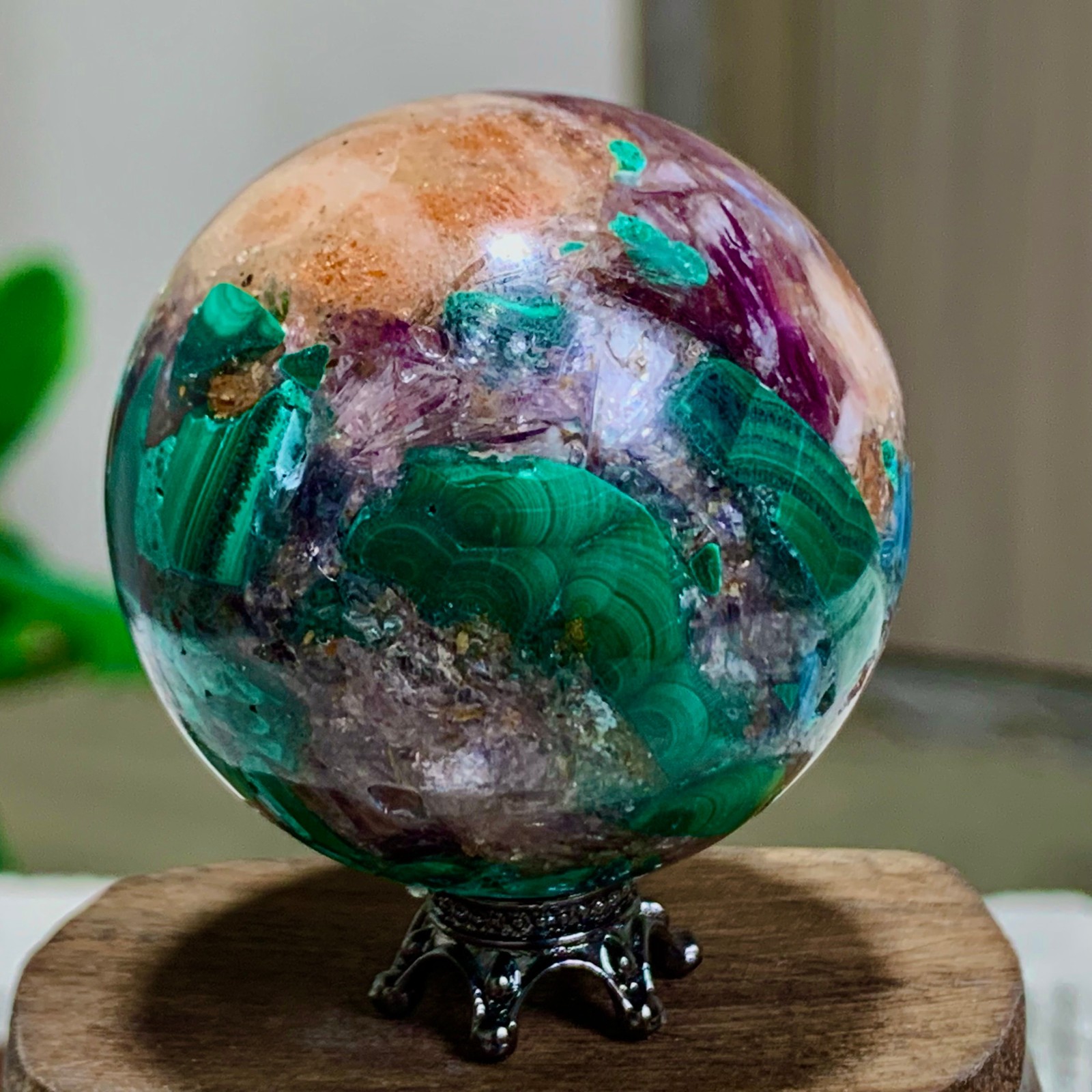 105G Newly discovered rare malachite purple mica symbiotic sphere restoration