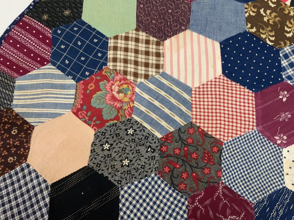 Antique Patchwork Quilt Table Topper, Octagons, Early Calico Prints, Navy, Multi