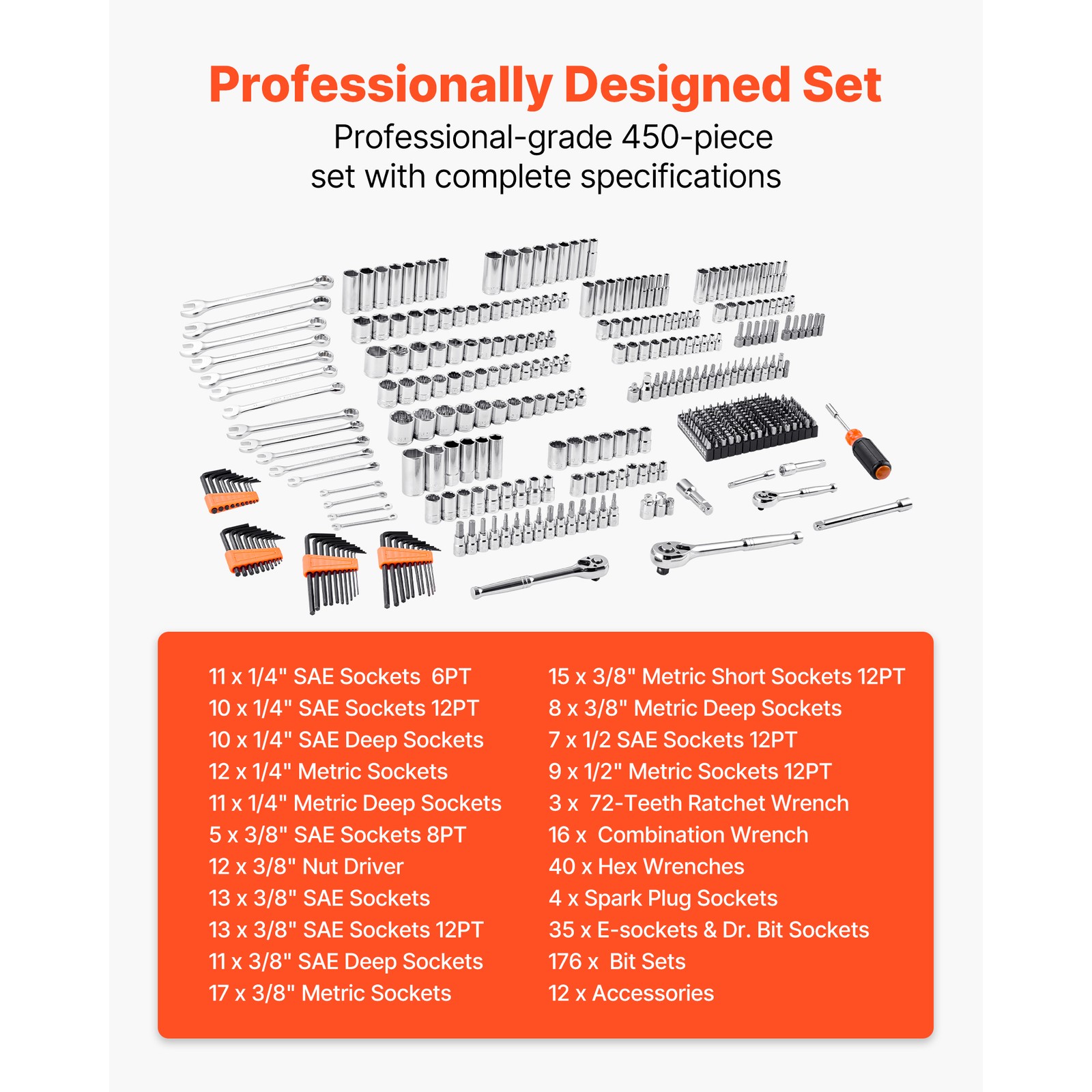 Mechanics Tool Set Socket Set 450Pcs 1/4 3/8 1/2 in Drive Orange Drawer
