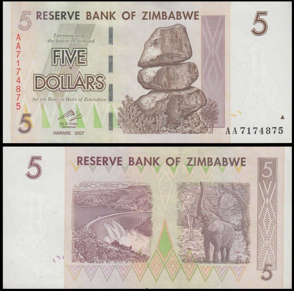 Zimbabwe 5 Dollars, 2007, P-66, Used X 100 PCS Bundle Pack