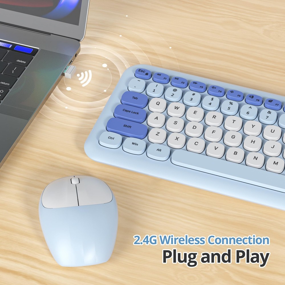 Gradient Blue Wireless Keyboard and Mouse Combo Retro Typewriter Full Size