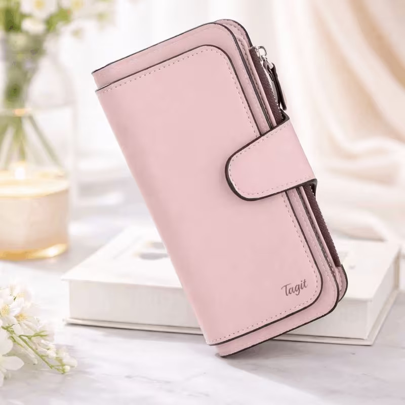 Women’s Long Trifold Wallet Large Capacity Organizer, Card Slots, Zipper Coin