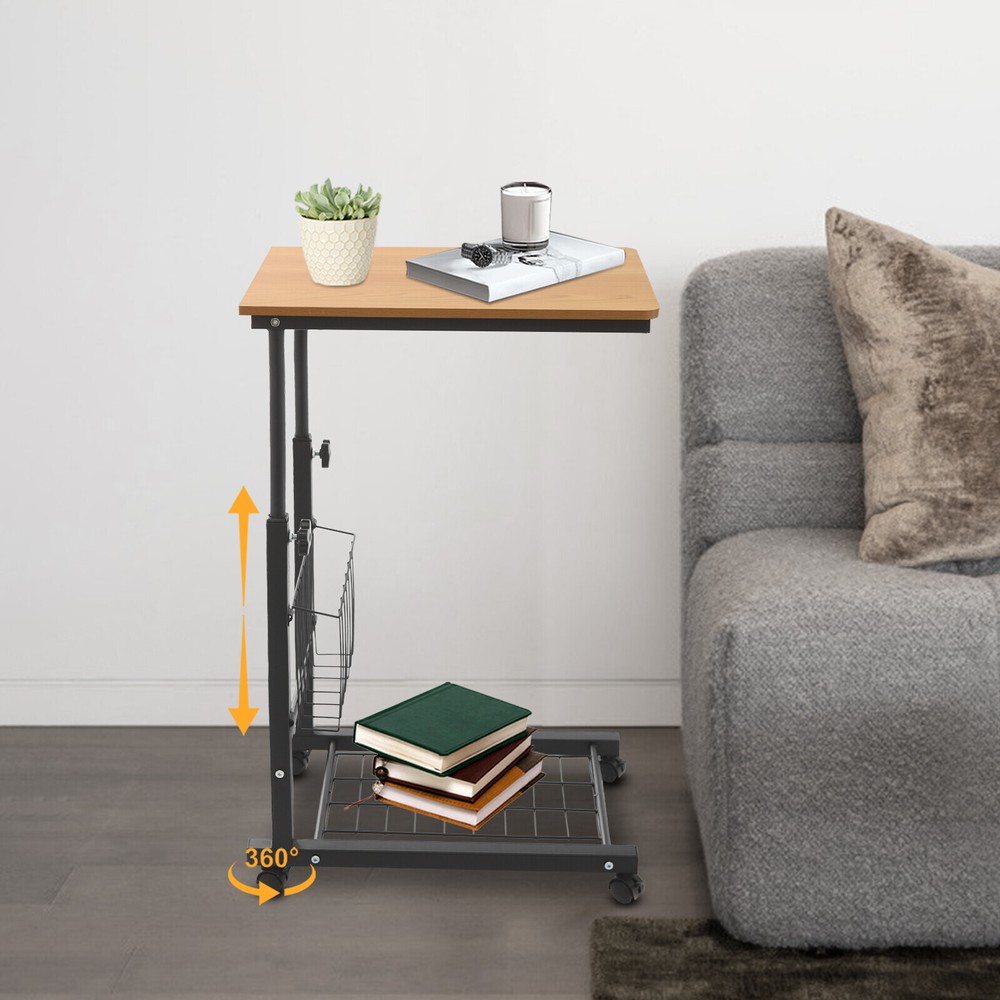 Height-Adjustable Teak Side Table with Wheels - 2 Tiers for Easy Storage