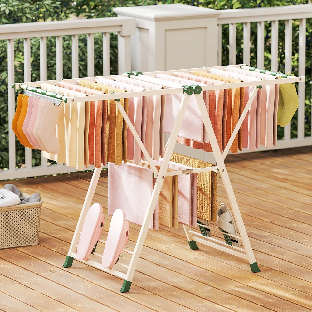 Foldable Metal Laundry Drying Rack w/Height Adjustable Wings, 16 Drying Rails