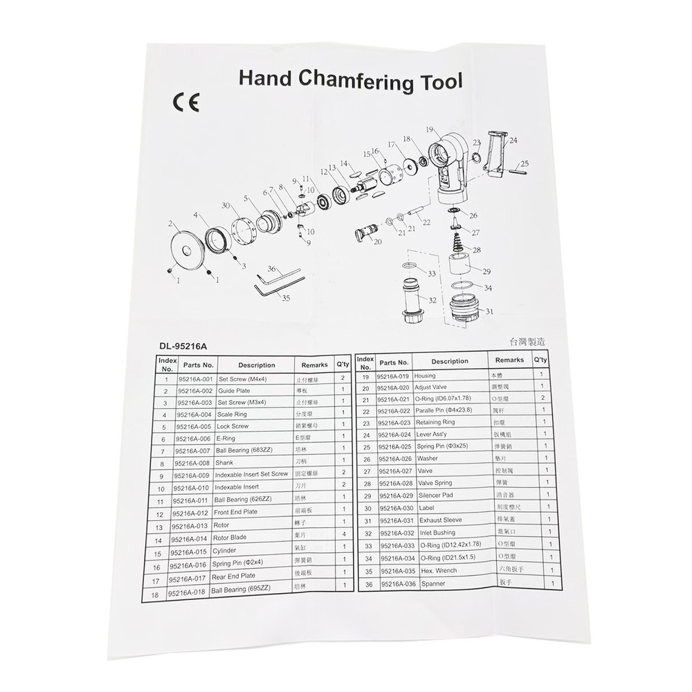 Pneumatic Chamfering Tool with Replaceable Blades 45°/R1.5 Arc and Bearings