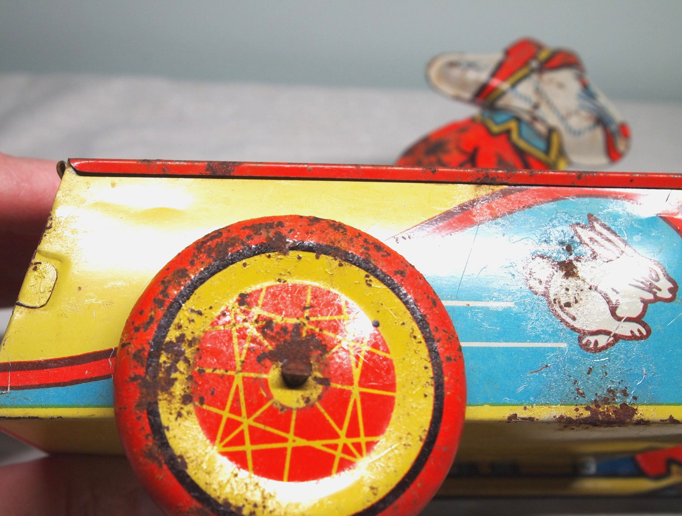 Vtg Tin Easter Car Bunny Delivery Motorcycle & sidecar rolled steel litho