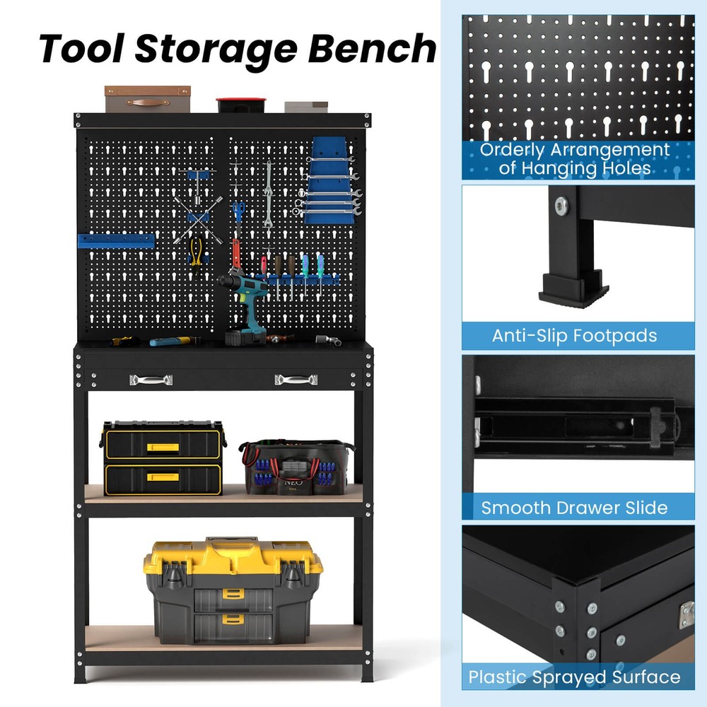 Workbench w/ Pegboard, Shelves & Drawers Versatile Tool Organization Work Table