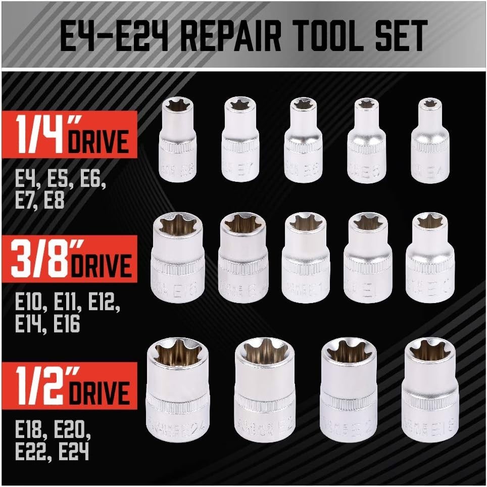 14-Piece E-TORX Socket Set - Female Torx Socket Set, Ultimate Torque Star So...
