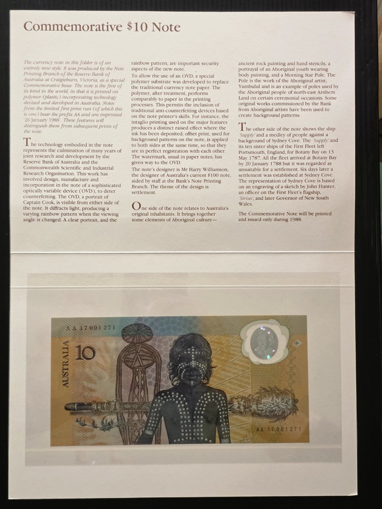 1988 $10 FRASER/JOHNSTON FIRST POLYMER NOTE FOLDER LAST PREFIX AA 17001271