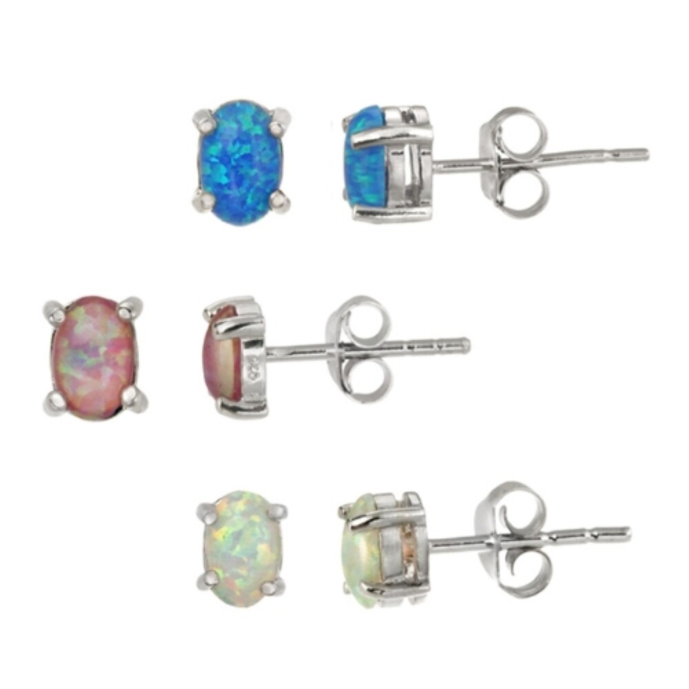 925 Silver Pink, Blue & White Lab Created Opal Stud Earrings Set