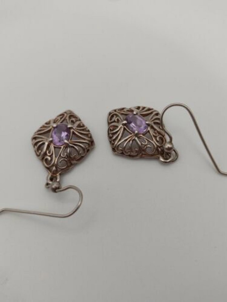 Purple Amethyst Scroll Design 925 Sterling Silver Dangle Drop Earrings