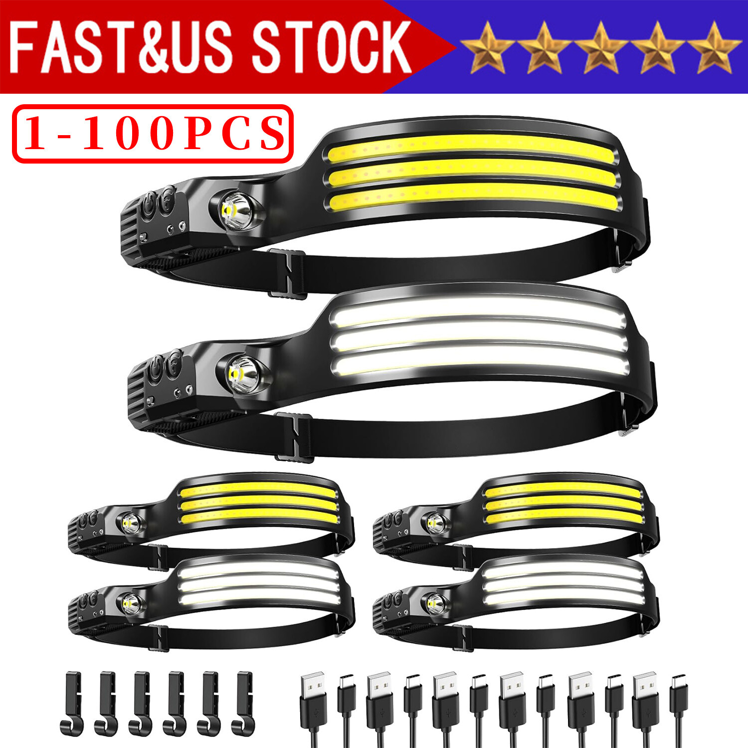 COB LED Headlamp USB Rechargeable Headlight Bar Head Band Torch Work Light 6000K