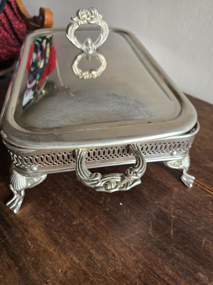 VTG Silver Plated Square Footed Buffet Casserole Dish Holder W/Lid & Glass Pan