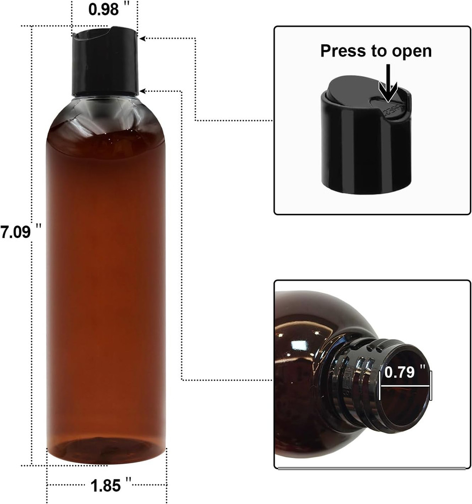 6 Pack 8 oz Amber Plastic Squeeze Bottles with Black Disc Caps Refillable Empty