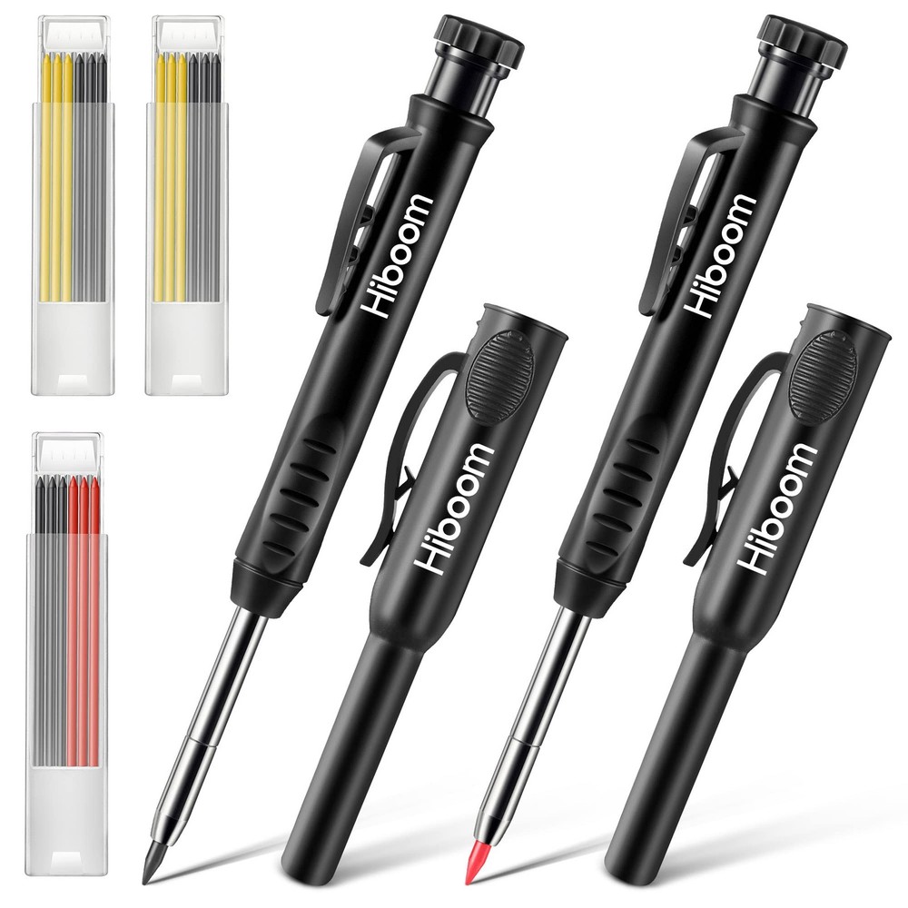Hiboom 2 Pack Solid Carpenter Pencils with Pencil Cap and 18 Refills, Black