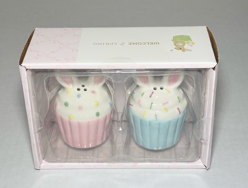 🧁🐰🧂Welcome Spring Ceramic Easter Bunny Ears Cupcake Salt & Pepper Shaker Set