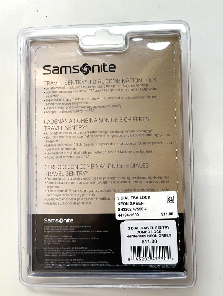 Samsonite 3 Dial Combination Lock - Neon Green - New in Packaging