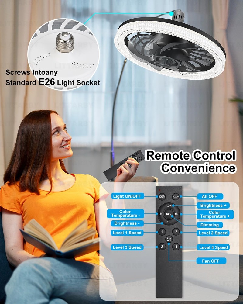 Ceiling Fans with Lights, Socket Fan Light Remote Control, Black-Large