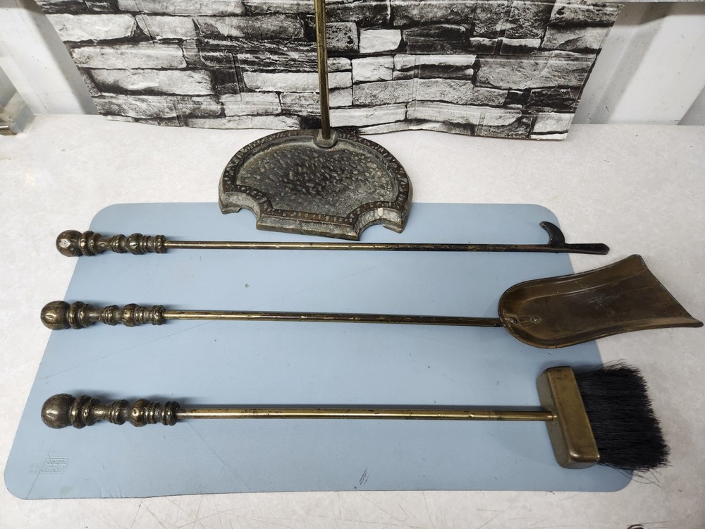 Vintage Solid Brass Fireplace Tool Set with Decorative Stand