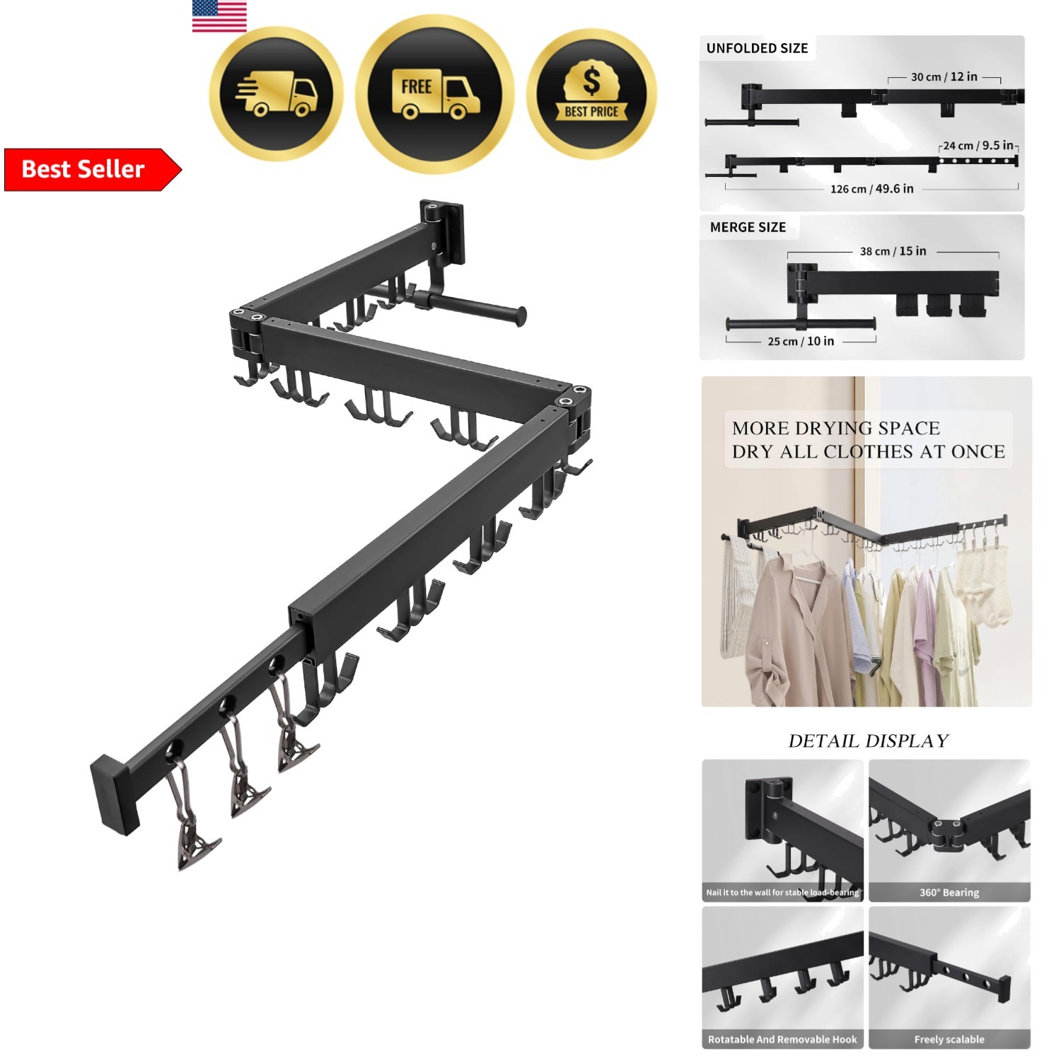 Wall Mounted Clothes Drying Rack Foldable Space Saver Laundry Rack Black