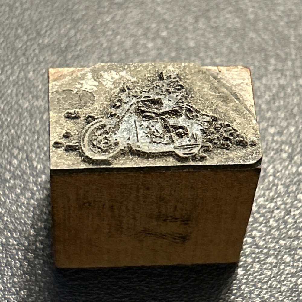 man on motorcycle -- vintage letterpress printing block