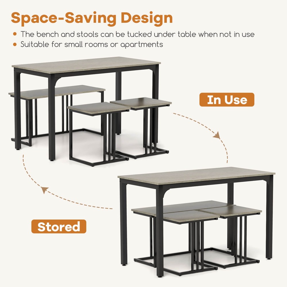 4-Piece Dining Table Set Industrial Kitchen Table Set W/ Bench & 2 Stools for 4