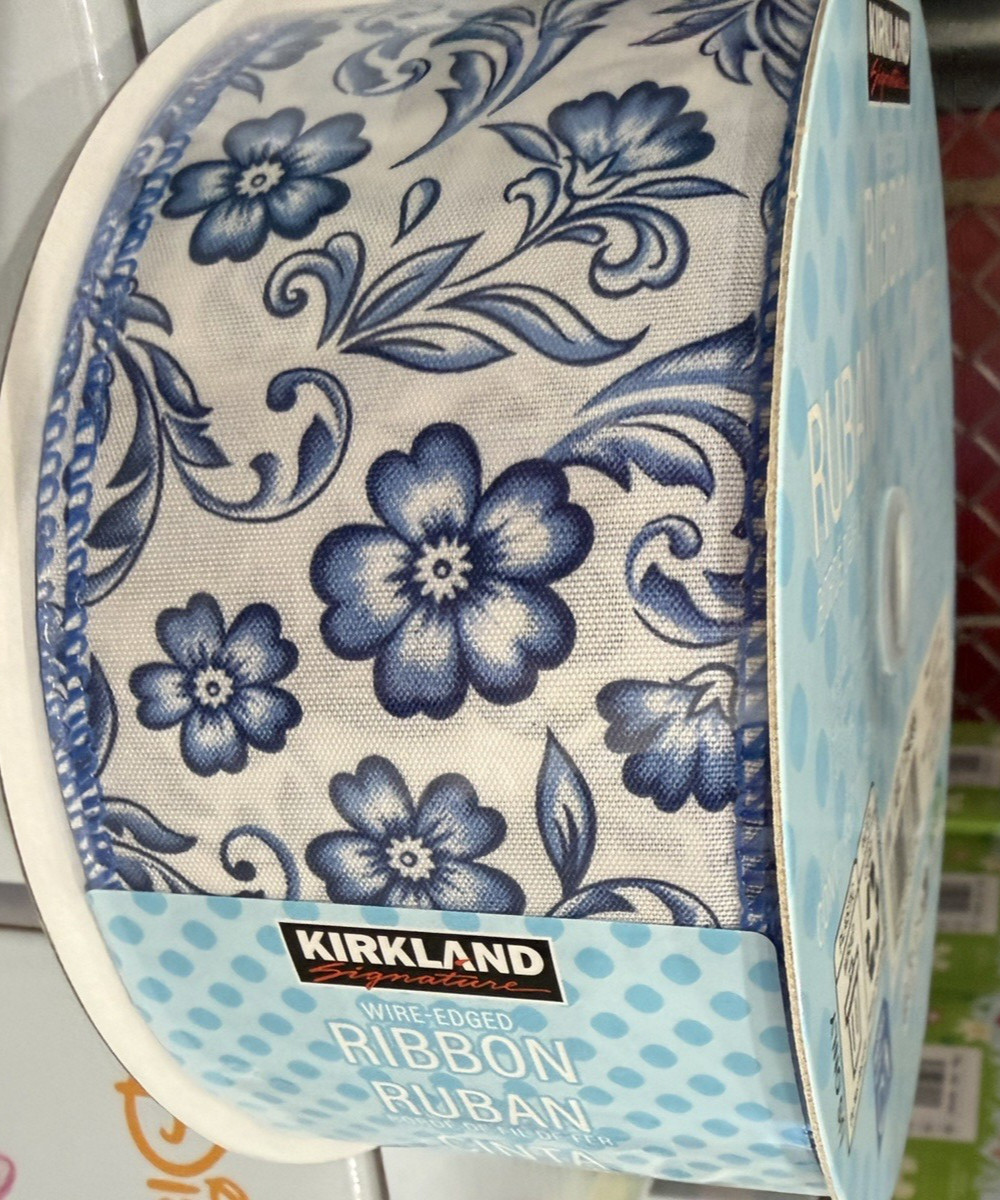 Kirkland Wire-Edged Ribbon  blue and white floral  2 in  Wide 50 YD