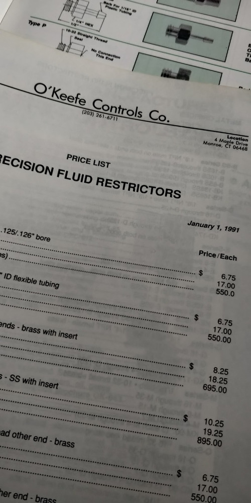 1990 O'Keefe Controls Co. PRECISION FLUID RESTRICTORS Catalog C3