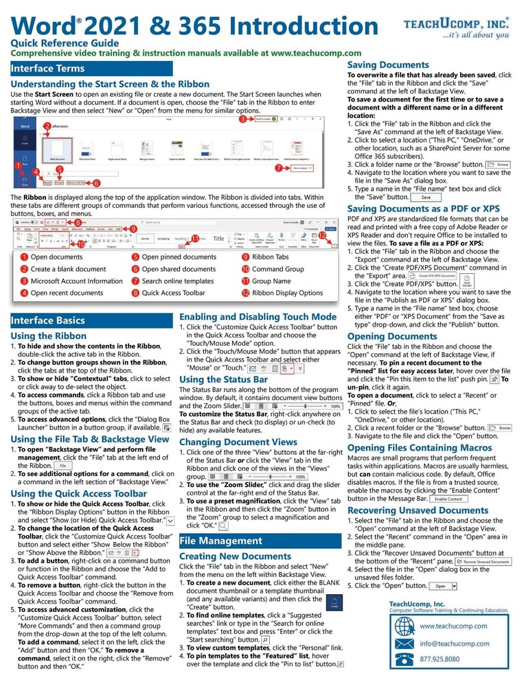 Word 2021 & 365 Training Guide Quick Reference Card Cheat Sheet Instructions