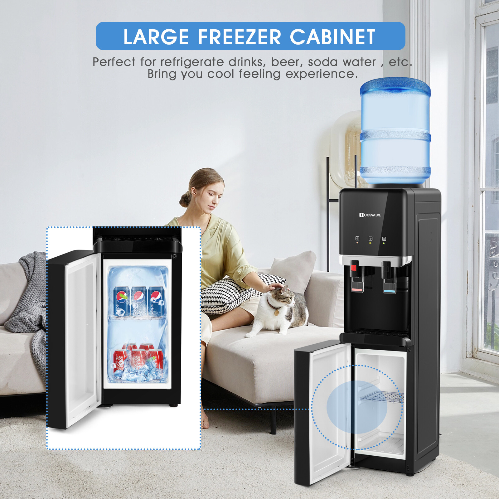 Top Loading Hot/Cold Water Cooler Dispenser Compressor Refrigeration w/ Freezer