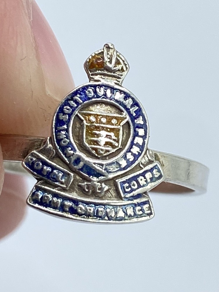 WW2 British Silver & Enamel Royal Army Ordnance Corps Sweetheart Ring Size M