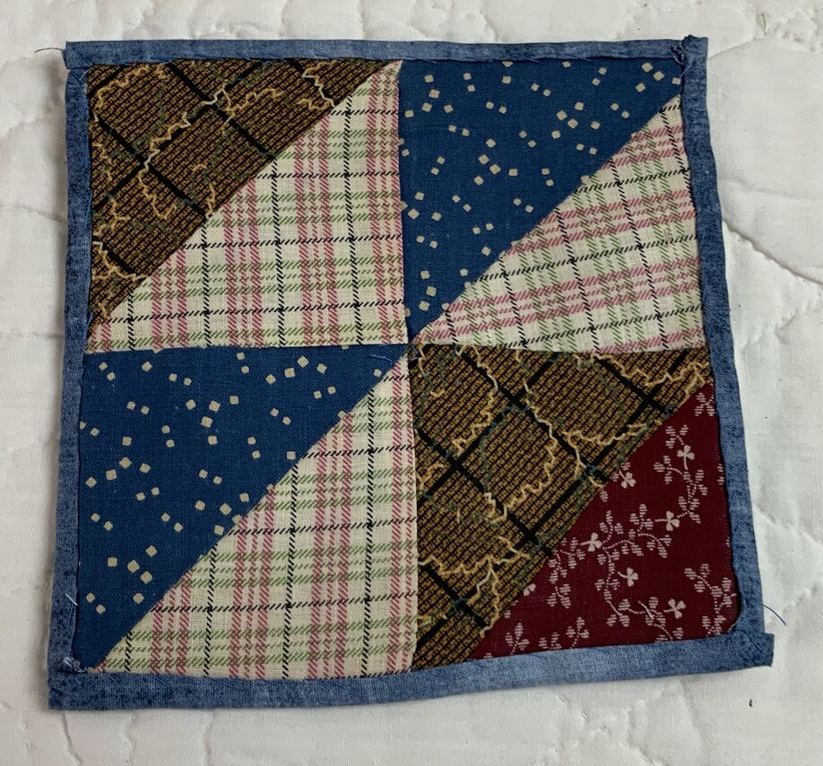 Antique Vintage Patchwork Small Doll Quilt Or Table Topper, 4 Patch W/ Triangles