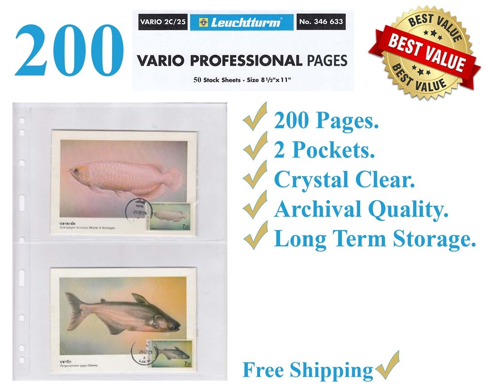 200 Lighthouse Vario 2C Album Pages 2 Pockets Clear Postcard Stamp Safe Sheets