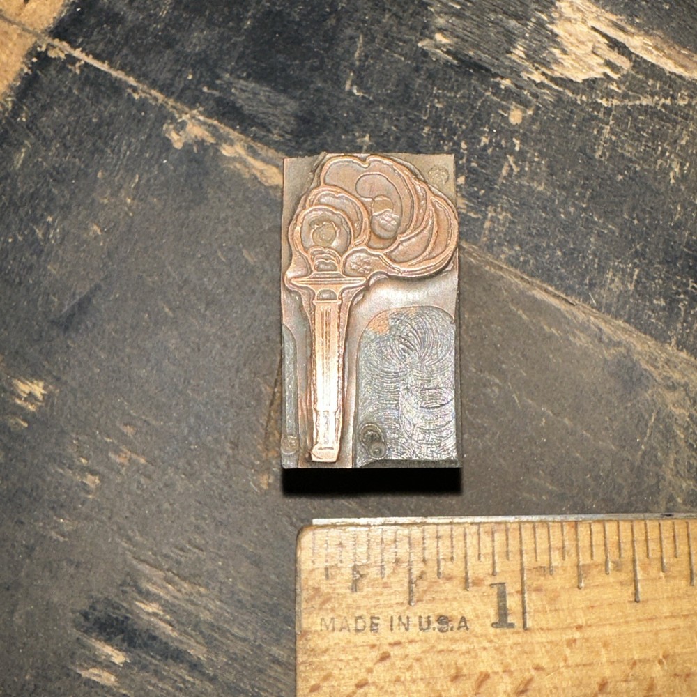 Old Printing Block “ Smoldering Torch “ Copper Face, Nice Details