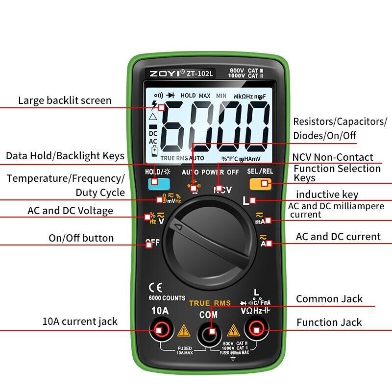 Digital Multimeter LCD 6000 Auto Range T-RMS Current Voltage Inductance Tester