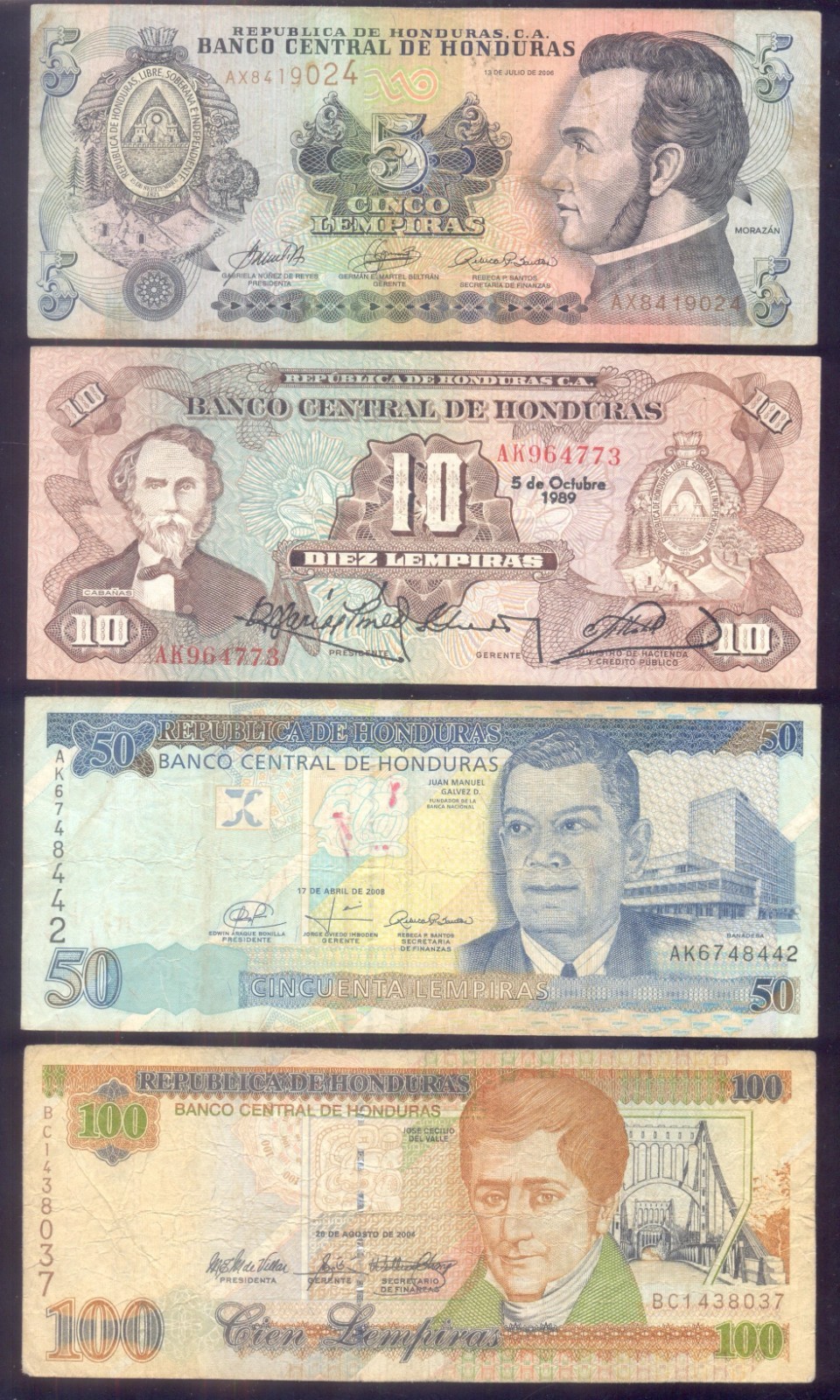 Honduras Set 1 - 100 Lempiras 1965-2008 VG - UNC