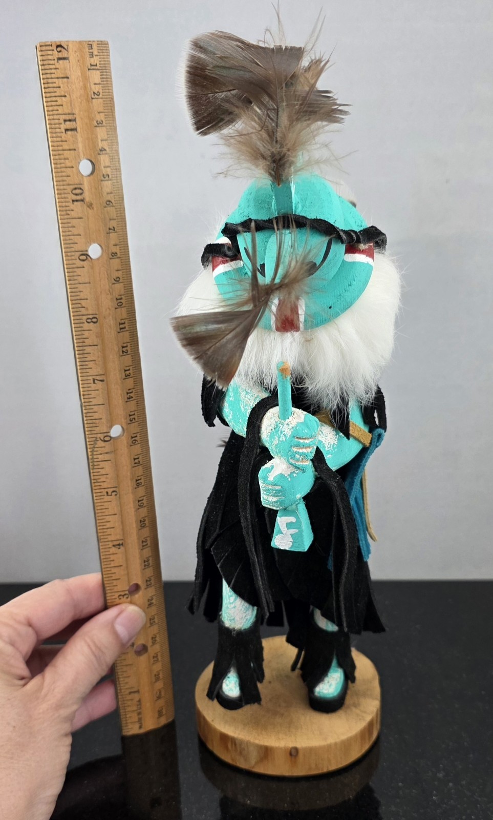 Vintage Kokopelli Kachina Doll Leather Wood Fur Feathers 11.5″ - Corrina Edsitty