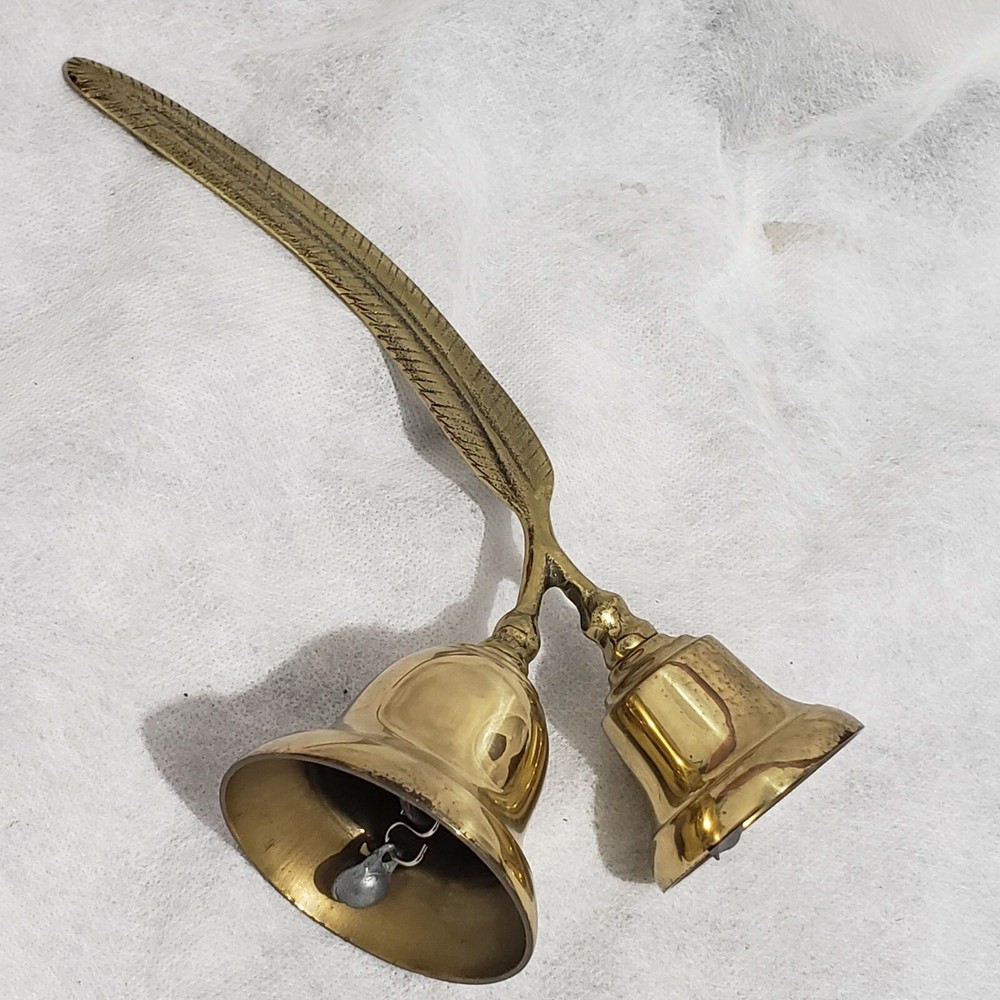 Vtg Solid Brass Double Bell Feather Handle Office Decor 5,5" H