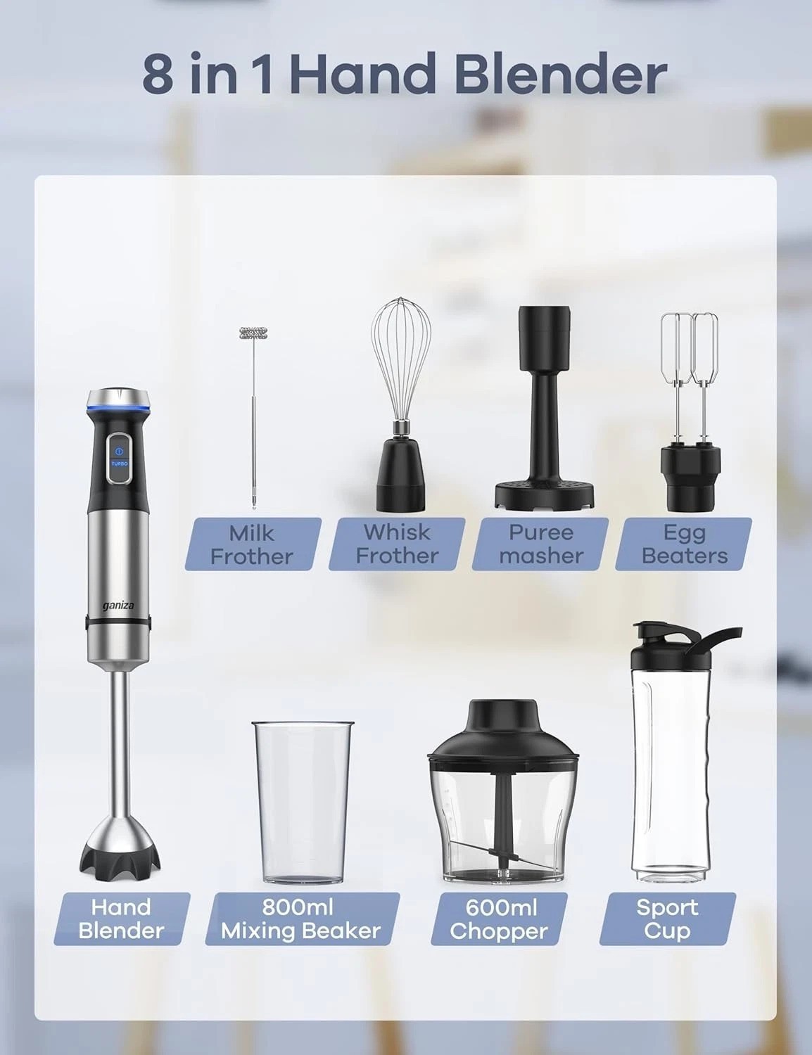 8-in-1 Immersion Blender with 1000W Motor & 16 Speed Modes for Effortless Ble...