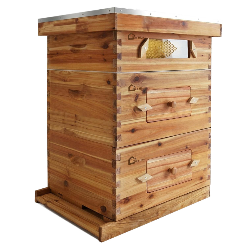 10 Frame Beehive Kit W/ Acrylic Window & Beeswax, Cedar Frames, 2 Deep 1 Medium