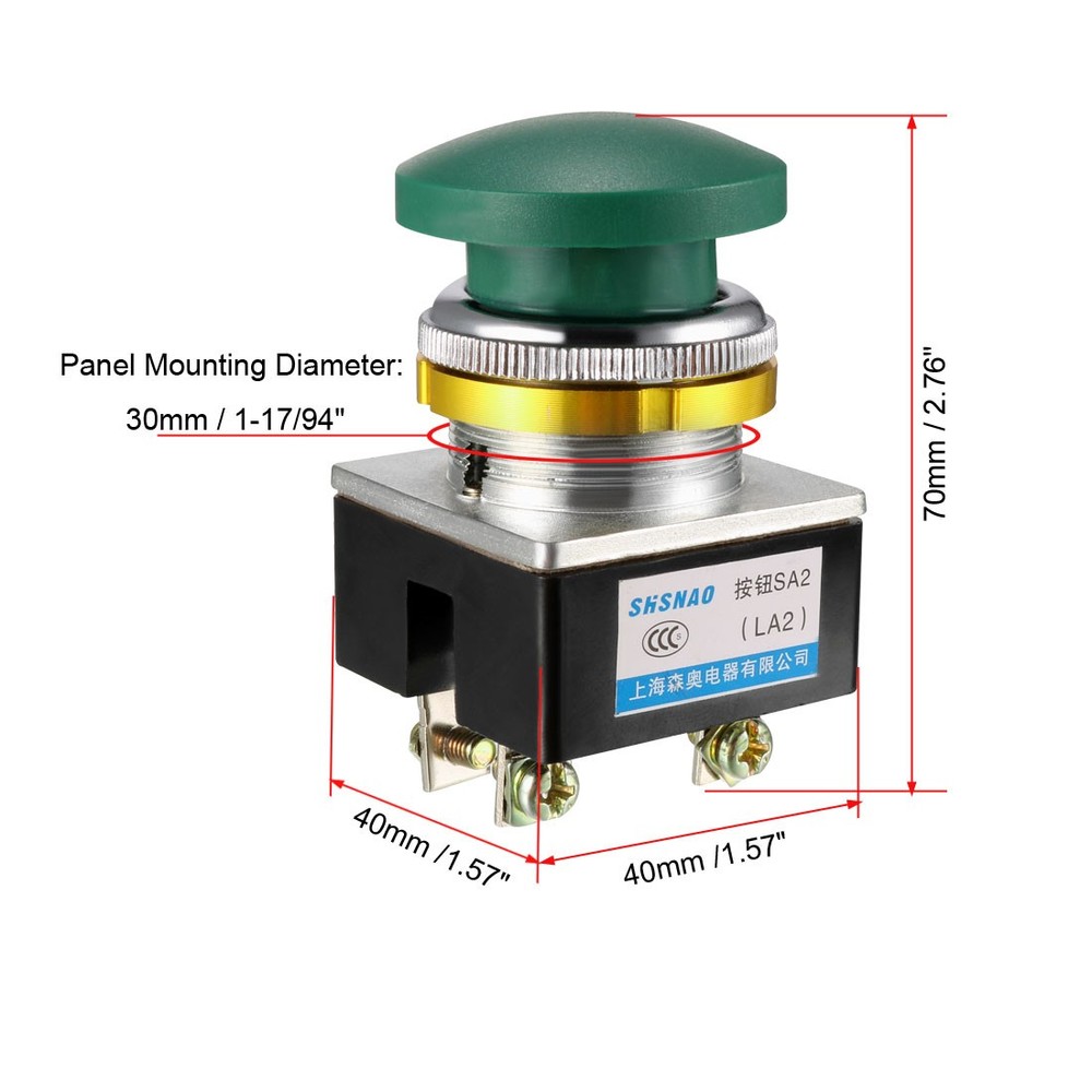 2 x Push Bottom Switch Green Momentary AC 380V 5A Pushbutton 30mm Panel Mount