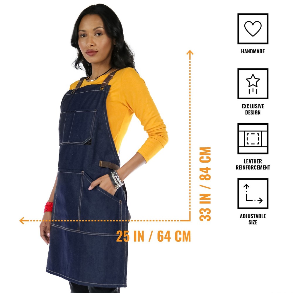 Work Apron - Pro Denim or Twill, Leather Trim, CrossBack - Chef, Bartender