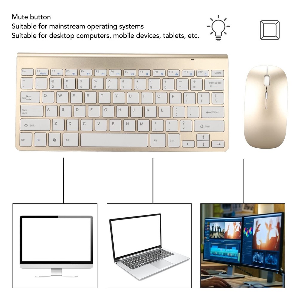 Keyboard Mouse Set 2.4G USB Thin Ergonomic Mute for Computer (Luxury Gold Col...
