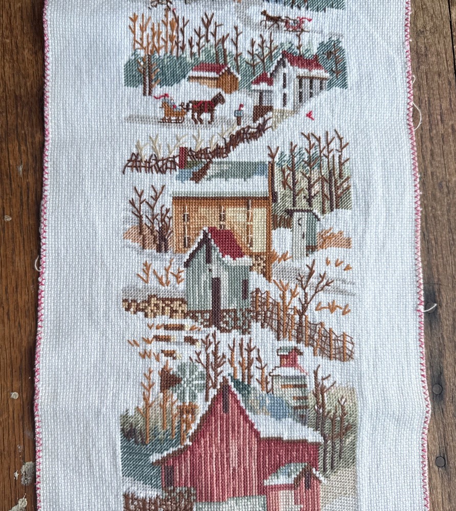 Vintage Hand Stitched Needlepoint Winter Village Americana Bell Pull Panel *cut