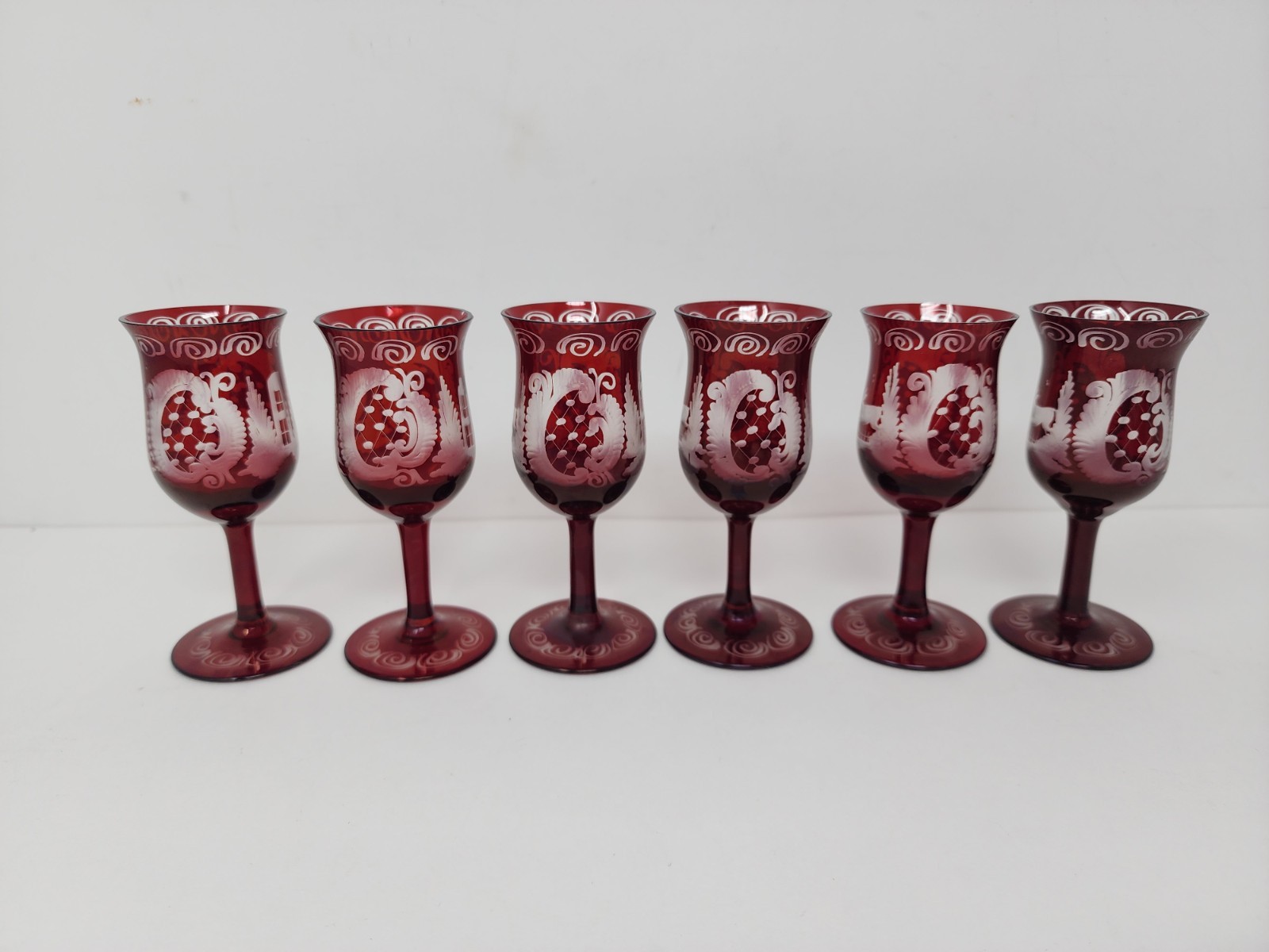 Set Of Egermann Bohemian Ruby Red Glass Decantor With Stopper & 6 Glasses
