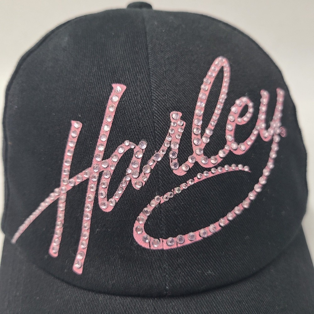 Women Harley Davidson Hat Strapback (Fits Small) Black Pink Bedazzled Script