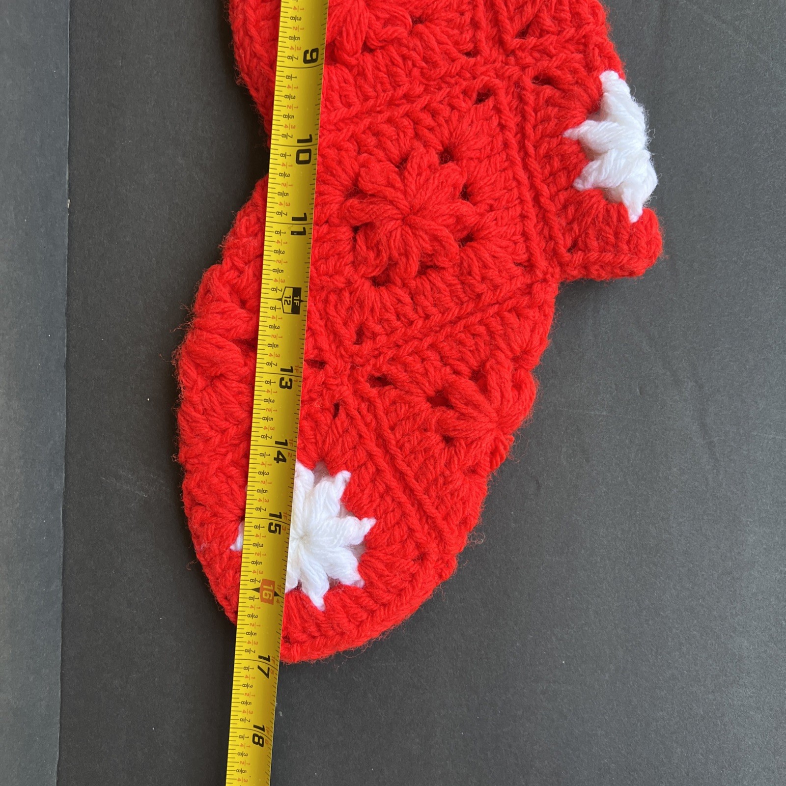 VTG Crochet Christmas Stockings Pair Red White Granny Squares Handmade 21” & 17”