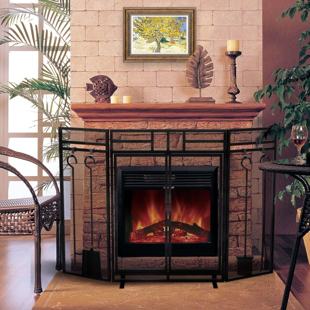 Fireplace Screen with Doors and Tools Set,3 Panel Foldable Metal Fireplace Guard