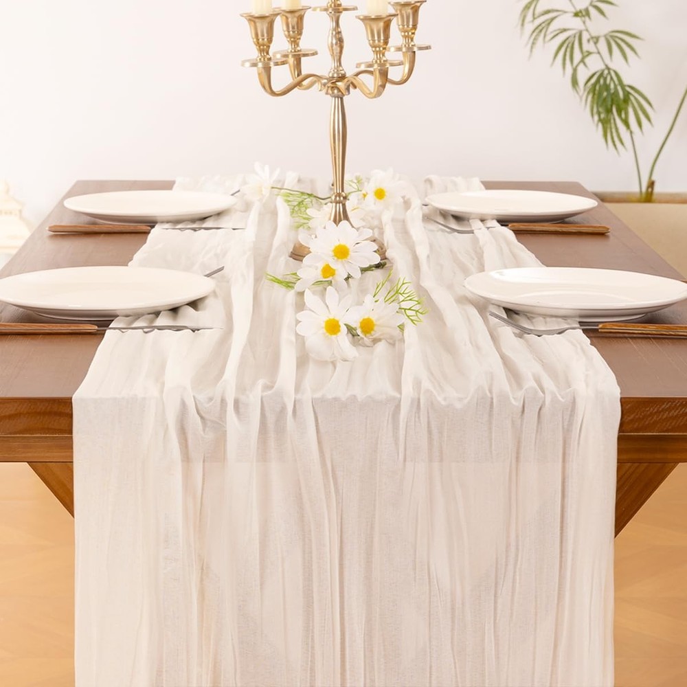 Boho Cheesecloth Runner, 10FT Rustic Table Decor, Christmas Holiday, White